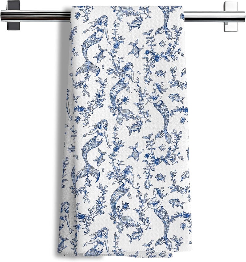 Nipil Nipi Chinoiserie Mermaid Kitchen Towels, Blue and White Botanical Grandmillennial Mermaid Decorative Hand Towels for Bathroom Decor，16x24 Inch - Image 1